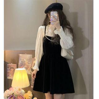 Bow Velvet Suspender Skirt / Round-neck Cutout Long-sleeve Top