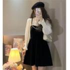 Bow Velvet Suspender Skirt / Round-neck Cutout Long-sleeve Top