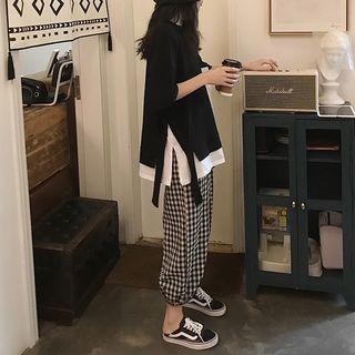 Plain Short-sleeve T-shirt / Plaid Harem Pants