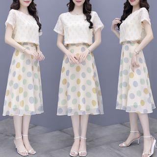 Set: Short-sleeve Dotted Applique Blouse + Dotted A-line Skirt