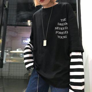 Long-sleeve Mock Two-piece Lettering T-shirt Black - One Size