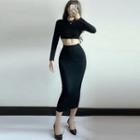 Set: Long-sleeve Cropped T-shirt + Midi Fitted Skirt
