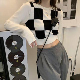 Checkered Cropped Sweater Plaid - Black & White - One Size