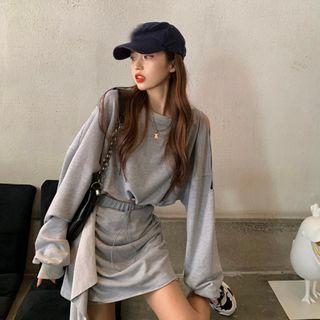 Set: Cutout Shoulder Drawstring Cropped Top + Shirred Mini Skirt