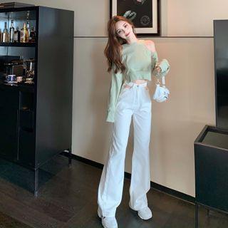 Cold Shoulder Cropped Sweatshirt / Straight Leg Jeans
