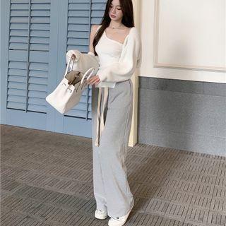 One-shoulder Knit Top / Cardigan / Wide Leg Pants