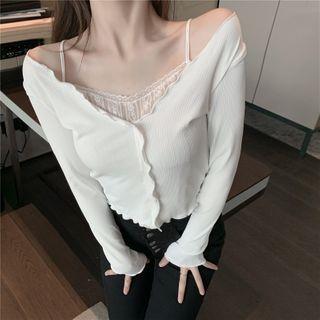 Lace Panel Ruffle Trim Cold-shoulder Knit Top White - One Size