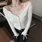 Lace Panel Ruffle Trim Cold-shoulder Knit Top White - One Size