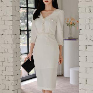 Fringed Trim 3/4-sleeve Sheath Dress