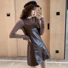 Set: Faux Leather Strappy Dress + Long-sleeve T-shirt