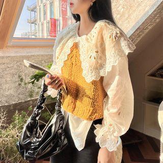 Eyelet Lace Blouse / Chunky-knit Sweater Vest