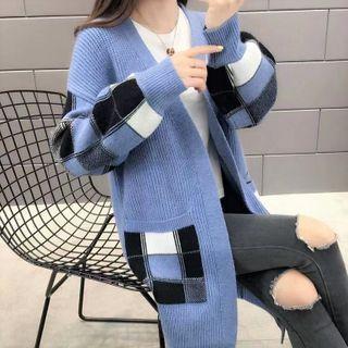 Plaid Panel Long Open-front Cardigan