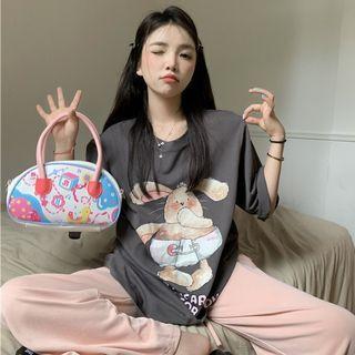 Crewneck Printed Oversize Top / High-waist Plain Straight-cut Pants