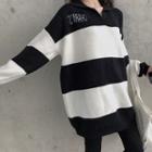 Collared Colorblock Knit Sweater Black & White - One Size