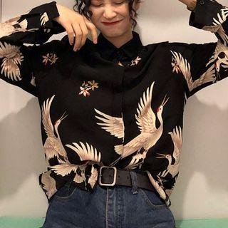 Cranes Print Shirt Black - One Size