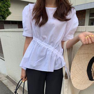 Drawstring Asymmetric Puff-sleeve Blouse