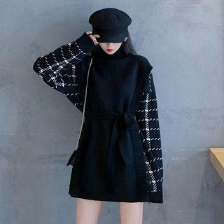 Mock-two Turtle-neck Long-sleeve Knit Dress Black - One Size