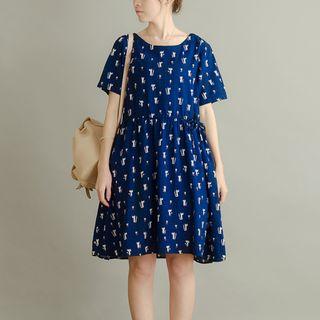 Cat Print Short-sleeve Dress