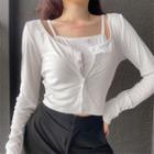 Set: Long-sleeve Buttoned Crop Top + Camisole Top