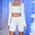 Set: Plain Halter Long Sleeve Cropped T-shirt + Plain High Waist Shorts