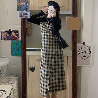 Mock Two-piece Long-sleeve Plaid Side-slit Dress
