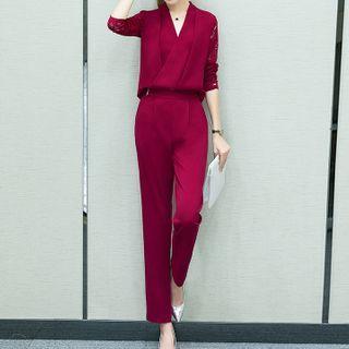 Set: Lace Panel Blouse + Straight Leg Pants