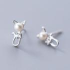 925 Sterling Silver Rhinestone Faux Pearl Cat Earring S925 Silver Stud - 1 Pair - Silver - One Size