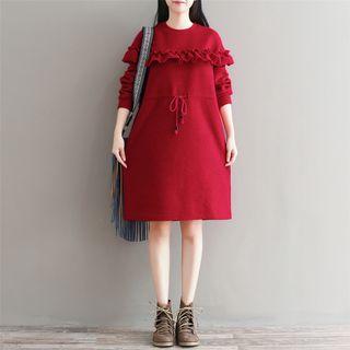 Ruffled Long-sleeve Shift Dress
