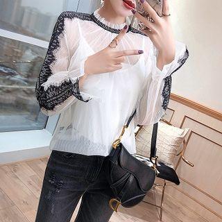 Set: Camisole Top + Lace Trim Mesh Blouse + Boot-cut Jeans