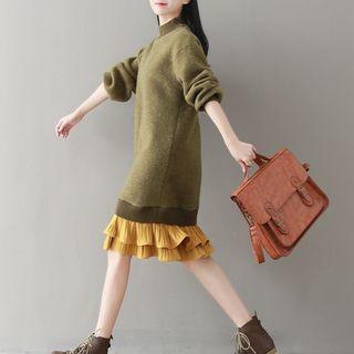 Mock Collar Ruffle Trim Pullover Dress