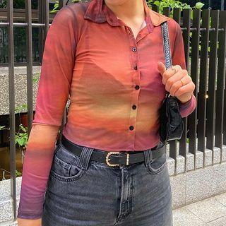 Long-sleeve Gradient Mesh Crop Shirt