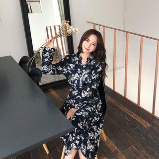 Tie-waist Floral Print Maxi Dress Navy Blue - One Size
