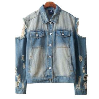 Distressed Cut Out Shoulder Denim Jacket
