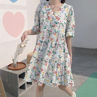 Floral Print Elbow-sleeve Mini A-line Dress Floral - White - One Size