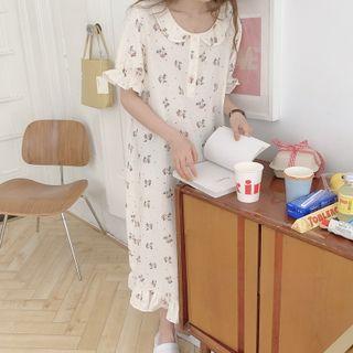 Bell-sleeve Floral Print Sleep Dress White & Blue & Almond - One Size