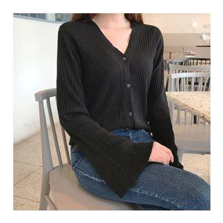 V-neck Bell-sleeve Rib-knit Cardigan