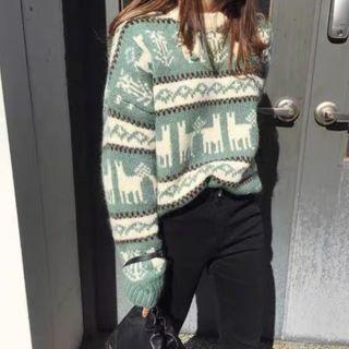 Snowflake Print Sweater Grayish Green & White - One Size