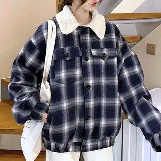 Faux Shearling Panel Plaid Buttoned Jacket As Shown In Figure - One Size