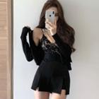 Lace Crop Top / Cardigan / Slit Mini Skirt