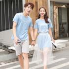 Women Set: Lettering T-shirt Dress + Mesh Skirt / Men T-shirt / Shorts
