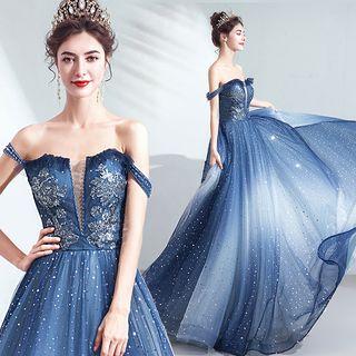 Sequined Glitter Off-shoulder Gradient A-line Evening Gown