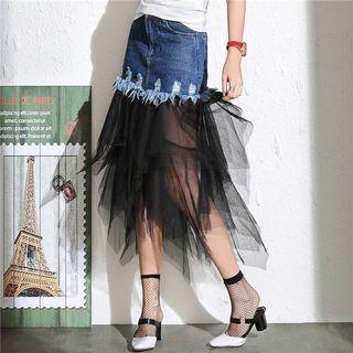 Mesh Hem Panel Denim Skirt