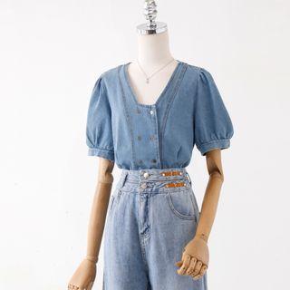 Short-sleeve Double Breasted Denim Shirt