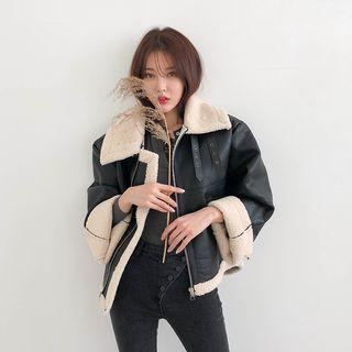 Hooded Faux-shearling Biker Jacket Black - One Size