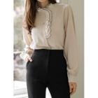 Scallop-stitched Frill-trim Blouse Beige - One Size