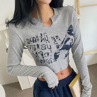 Long-sleeve Lettering Ribbed T-shirt