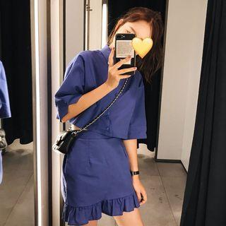 Set: Elbow-sleeve Shirt + Ruffle Trim A-line Skort Shirt - Blue - One Size / Skort - One Size