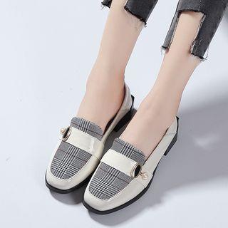 Low Heel Plaid Panel Loafers