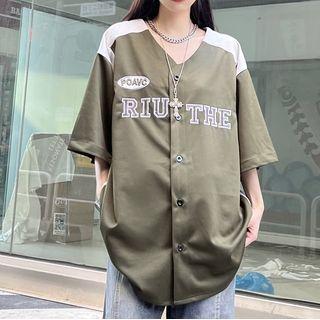 Elbow-sleeve Letter Embroidered Blouse
