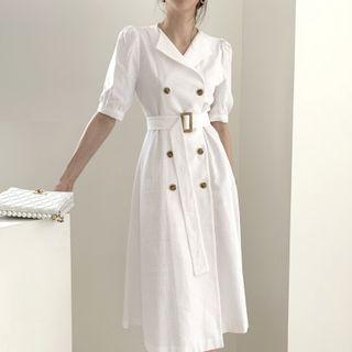 Short-sleeve Belted Double-breasted Midi Blazer Dress